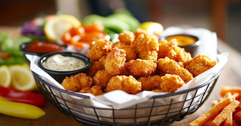Basket of crispy chicken egg cheese sticks served with marinara, ranch, and honey mustard dips and veggie sticks.