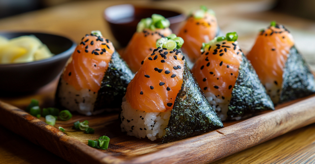 Triangular salmon rice balls wrapped in nori and topped with sesame seeds, served on a wooden platter with pickled ginger.