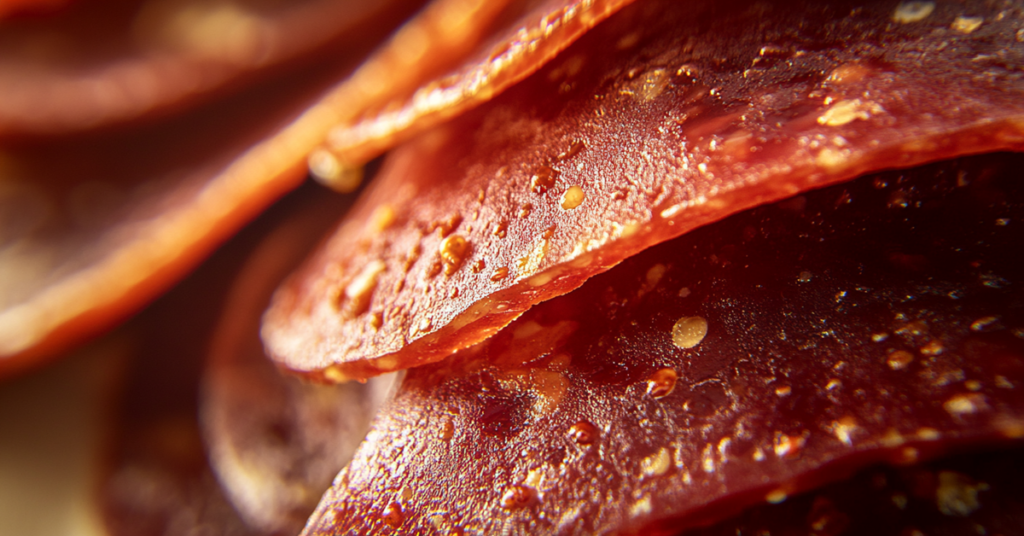 Close-up of a beef pepperoni slice with visible spices and fat marbling on a parchment-lined board.