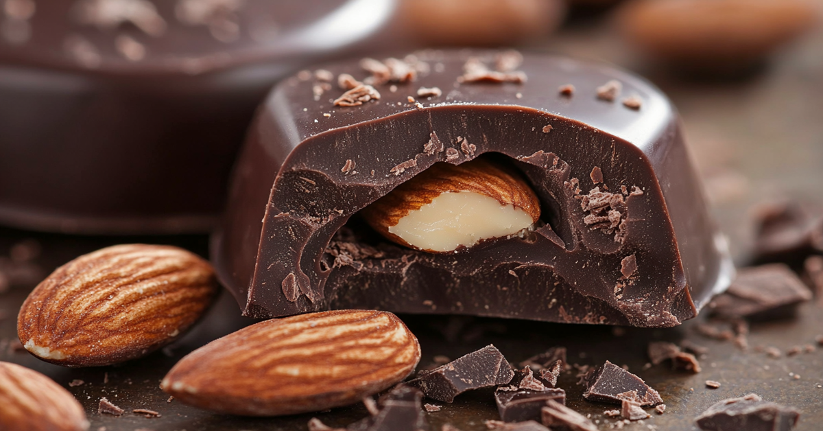 Close-up of a bitten dark chocolate almond showing a crunchy roasted almond inside thick chocolate.