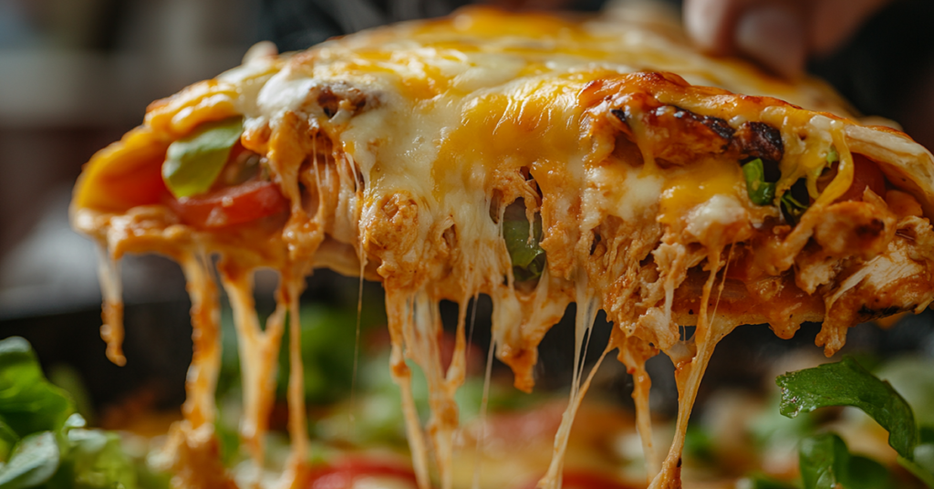 Close-up of gooey melted cheese inside a garlic chicken wrap with lettuce, tomato, and seasoned chicken.
