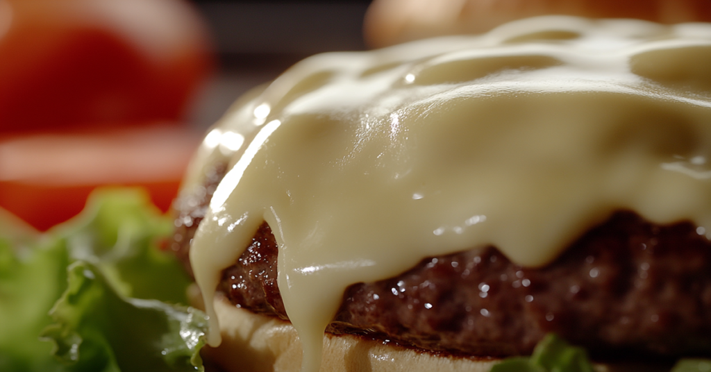 Close-up of white American cheese melting over a burger patty with creamy texture.
