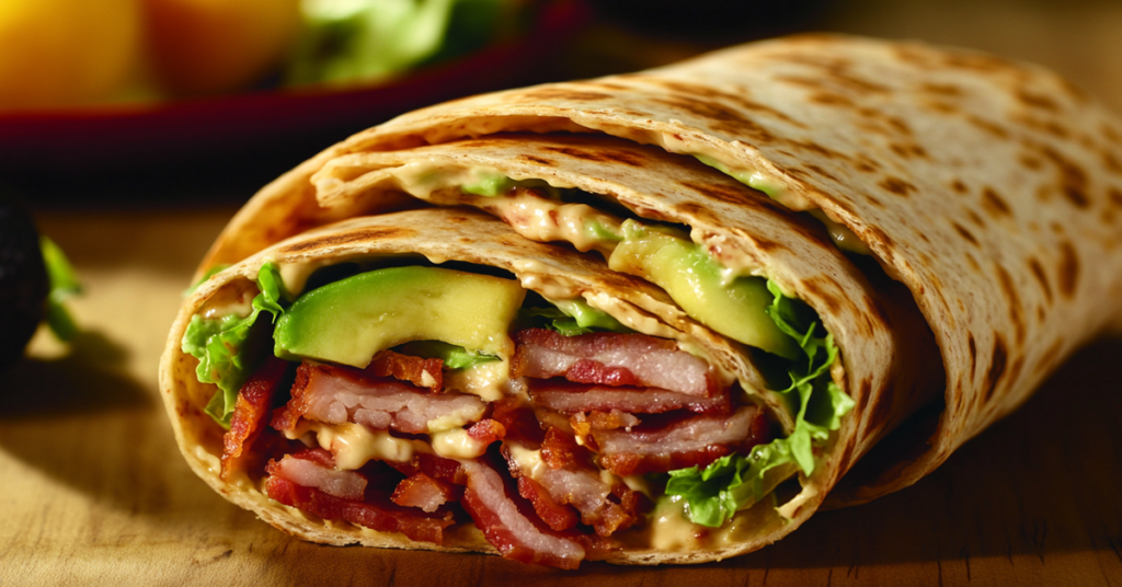 Close-up of a turkey bacon avocado wrap with lettuce and ranch, wrapped in a whole wheat tortilla and sliced.