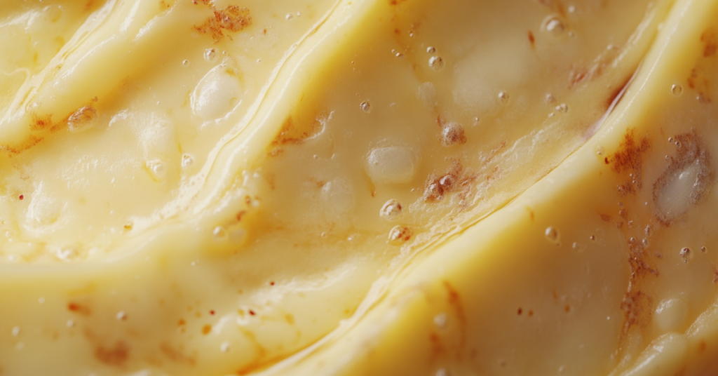 Close-up of smoked Gouda showing its creamy interior and smoky textured rind with rich golden color.