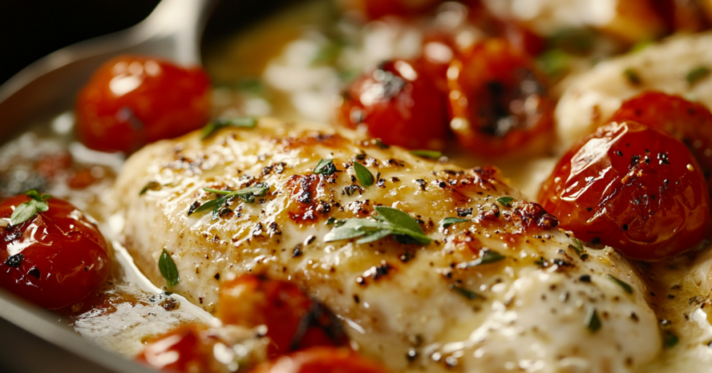 Close-up of creamy baked feta on juicy chicken with roasted tomatoes and herbs.