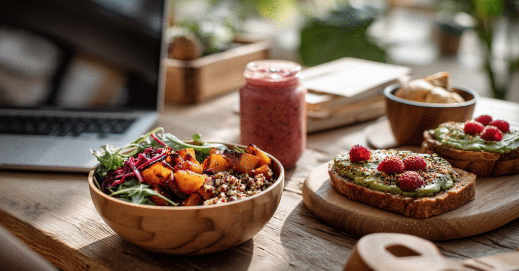 A home office desk showcasing a gluten-free lunch with a quinoa and roasted vegetable bowl, avocado toast, and a berry smoothie, styled in bamboo containers with a laptop and greenery in the background.
