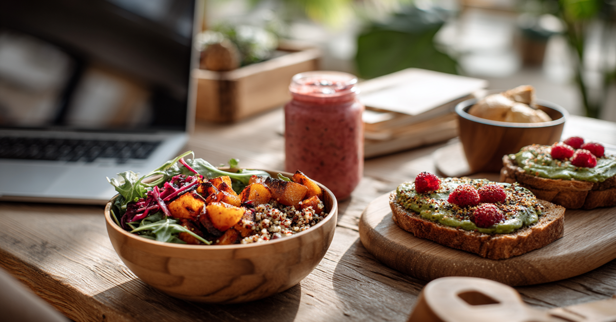 A home office desk showcasing a gluten-free lunch with a quinoa and roasted vegetable bowl, avocado toast, and a berry smoothie, styled in bamboo containers with a laptop and greenery in the background.
