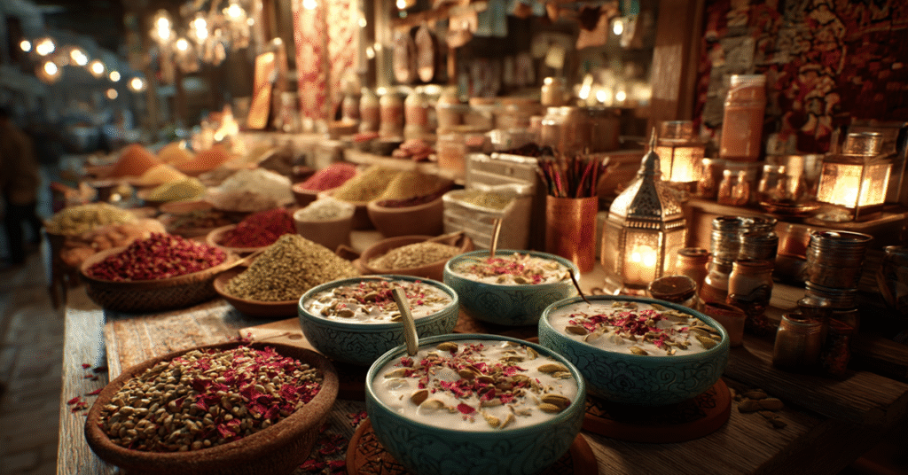 A Middle Eastern market stall at dusk showcasing frothy cold yogurt drinks in ornate clay cups, garnished with pistachios and rose petals, surrounded by colorful spices and glowing lanterns.