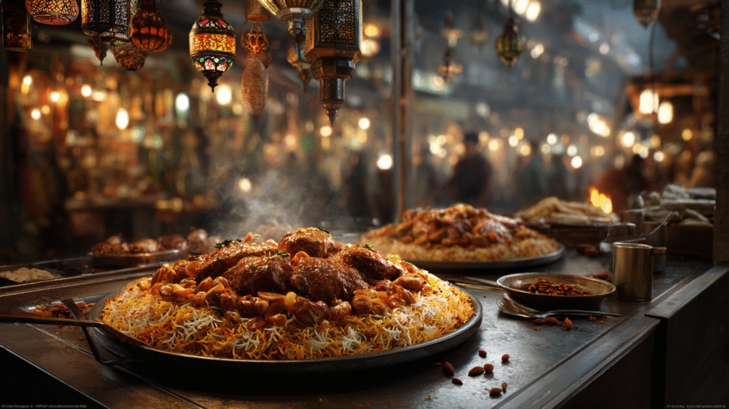 A Middle Eastern street food cart at dusk serving a plate of lamb over saffron rice, topped with toasted almonds and yogurt sauce, surrounded by colorful spices and glowing lanterns in a lively market.