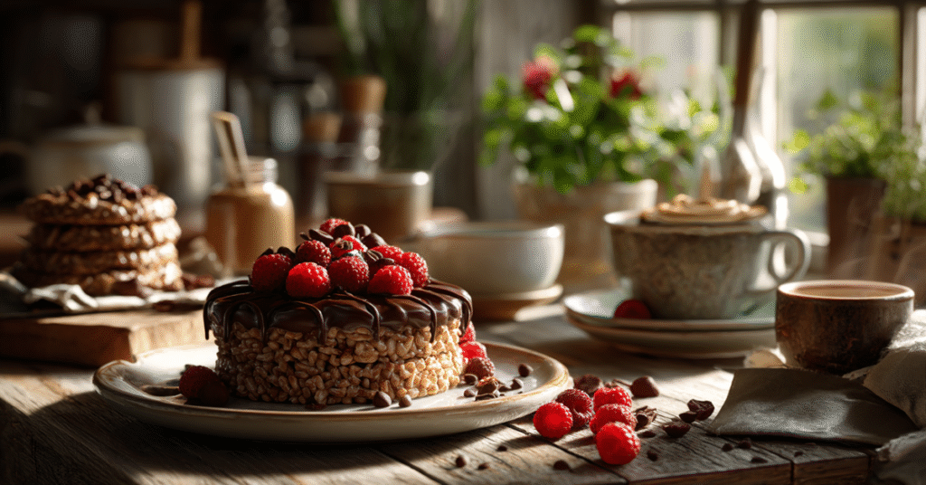 A farmhouse kitchen table displaying chocolate rice cakes topped with peanut butter and dark chocolate drizzle, surrounded by cocoa beans and raspberries, styled on vintage ceramic plates with sunlight in the background.