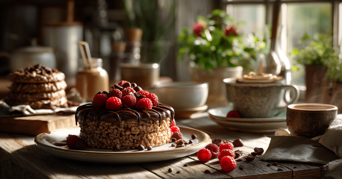 A farmhouse kitchen table displaying chocolate rice cakes topped with peanut butter and dark chocolate drizzle, surrounded by cocoa beans and raspberries, styled on vintage ceramic plates with sunlight in the background.