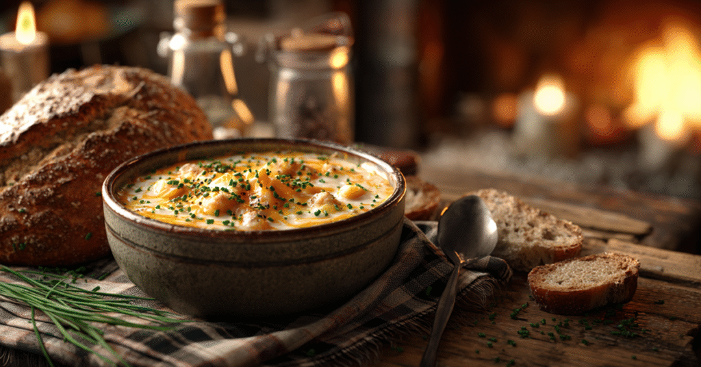 A rustic farmhouse kitchen featuring a steaming bowl of cheesy hamburger potato soup with melted cheddar and chives, served in a ceramic bowl on a wooden table with gluten-free bread and a plaid tablecloth.