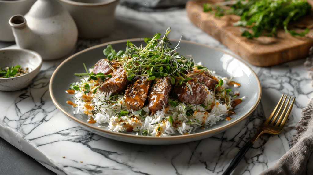 A modern home kitchen counter with a gourmet plate of lamb over basmati rice, garnished with microgreens and tahini, presented on minimalist ceramic dishware with fresh herbs and a marble backdrop.