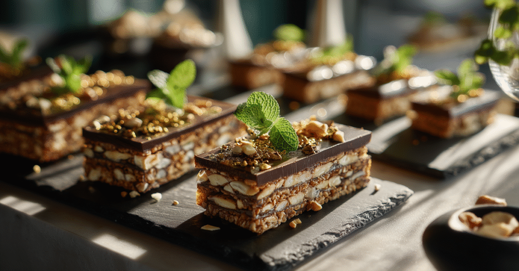An urban loft kitchen counter with gourmet chocolate rice cakes layered with matcha chocolate ganache and crushed pistachios, presented on glass plates with mint sprigs and a cityscape view.