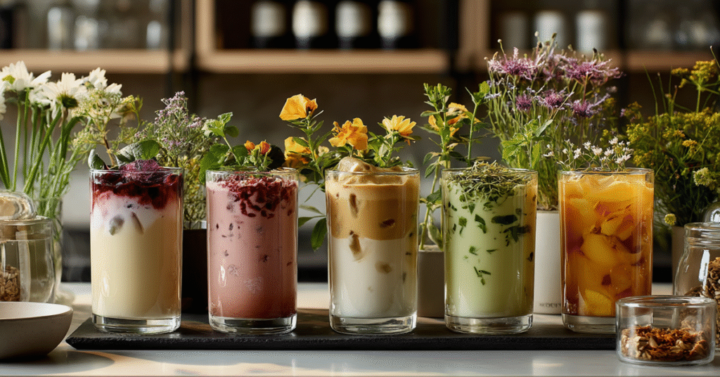 A minimalist café counter displaying cold yogurt drinks in frosted glasses with pastel layers of berry, matcha, and turmeric yogurt, garnished with fresh herbs and edible flowers.