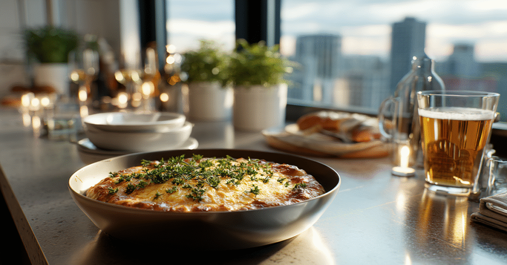 A modern urban kitchen counter with a gourmet bowl of cheesy hamburger potato soup, topped with a golden cheese crust and parsley, styled with minimalist dishware and a craft beer, with a city skyline view.