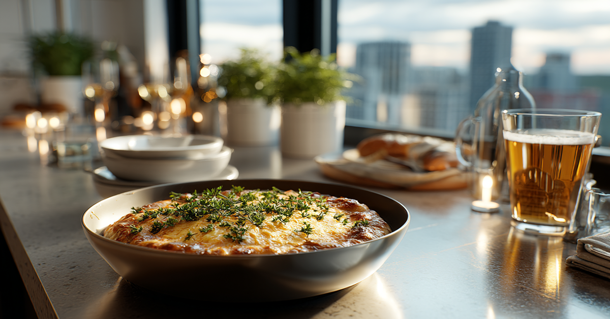 A modern urban kitchen counter with a gourmet bowl of cheesy hamburger potato soup, topped with a golden cheese crust and parsley, styled with minimalist dishware and a craft beer, with a city skyline view.