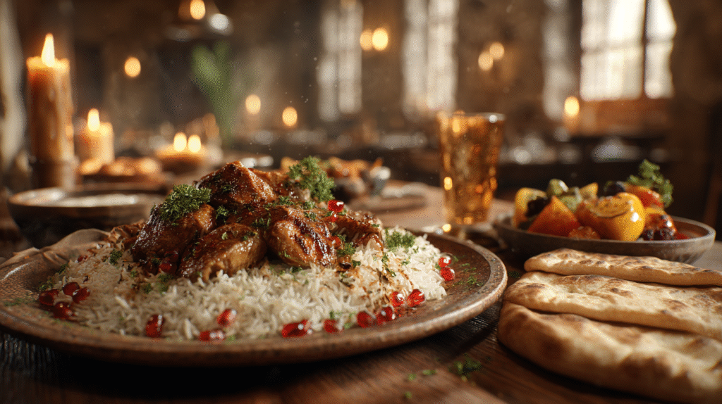 A rustic Mediterranean restaurant table featuring a plate of spiced lamb over rice, garnished with parsley, pomegranate seeds, and tzatziki, alongside grilled vegetables and pita, with terracotta walls and candlelight in the background.