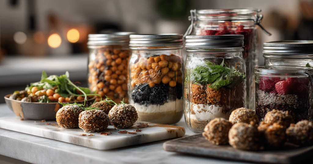 A minimalist kitchen counter with vegan gluten-free lunch items, including mason jar lentil salads, gluten-free falafel bites with hummus, and coconut yogurt parfaits with berries, styled with marble and fresh herbs.