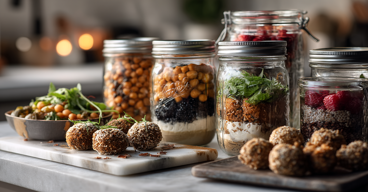 A minimalist kitchen counter with vegan gluten-free lunch items, including mason jar lentil salads, gluten-free falafel bites with hummus, and coconut yogurt parfaits with berries, styled with marble and fresh herbs.