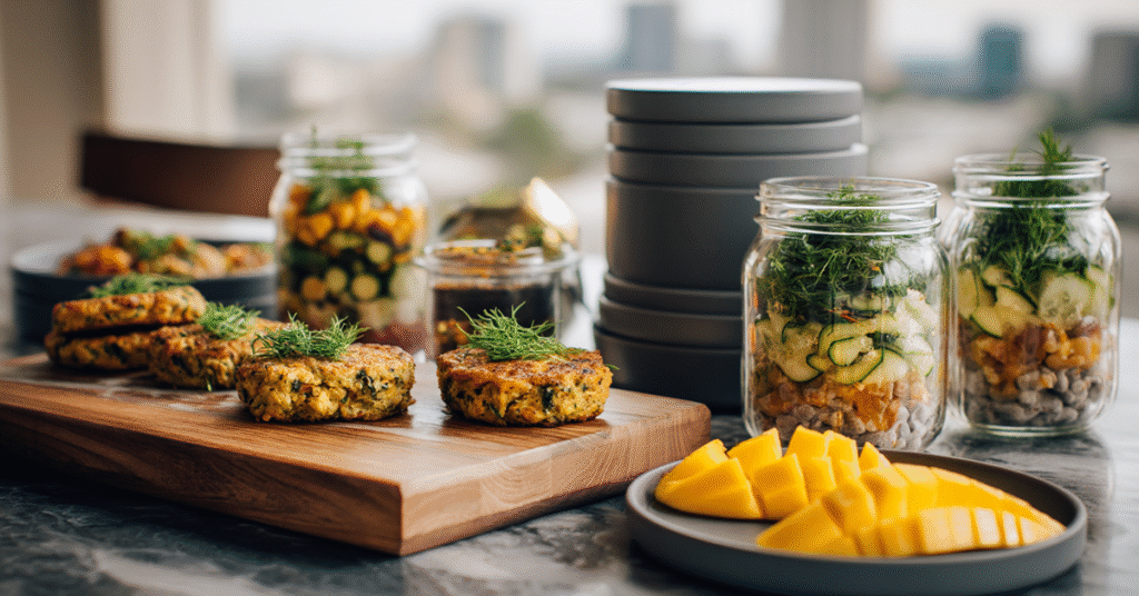 An urban kitchen counter with a minimalist gluten-free lunch prep, including mason jar chickpea salads, zucchini fritters with yogurt dip, and mango slices, styled on marble with fresh herbs.