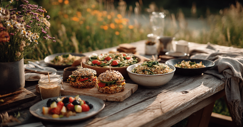 A sunlit park picnic table showcasing vegan gluten-free lunch dishes like stuffed bell peppers, zucchini noodle bowls with tahini dressing, and fruit skewers, surrounded by lush greenery and wildflowers.