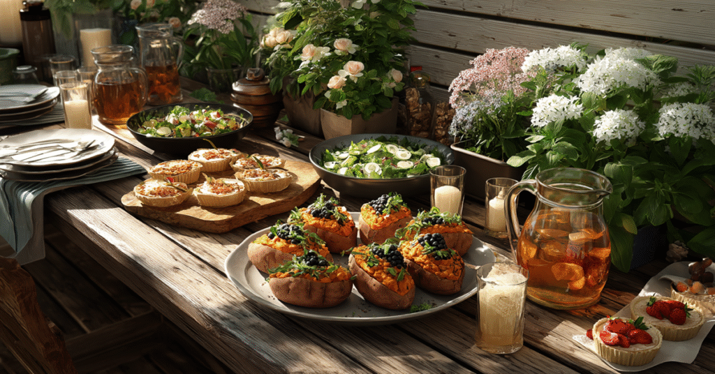 A sunny patio with a rustic table showcasing a gluten-free lunch of stuffed sweet potatoes, cucumber and hummus salad, and fruit tarts, surrounded by flowers and iced herbal tea.