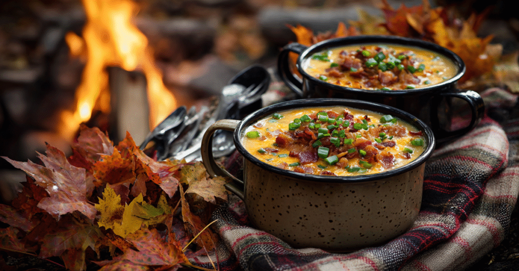 An autumn picnic scene with a pot of cheesy hamburger potato soup served in enamel mugs, garnished with bacon bits and green onions, on a checkered blanket surrounded by fall leaves and a campfire.