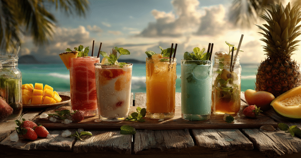 A tropical beach setting featuring a variety of cold yogurt drinks in colorful glasses, garnished with mango, pineapple, and mint, arranged on a wooden table with a sunset ocean view