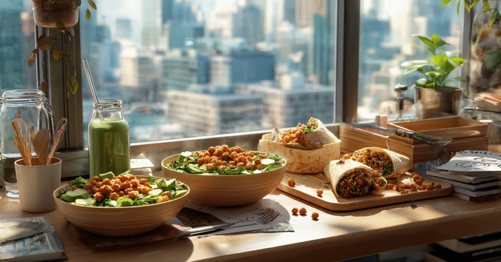 A modern office desk with a vibrant vegan gluten-free lunch spread, including quinoa salad bowls with avocado and roasted chickpeas, a chickpea wrap, and a smoothie, set in bamboo containers with a city skyline in the background.